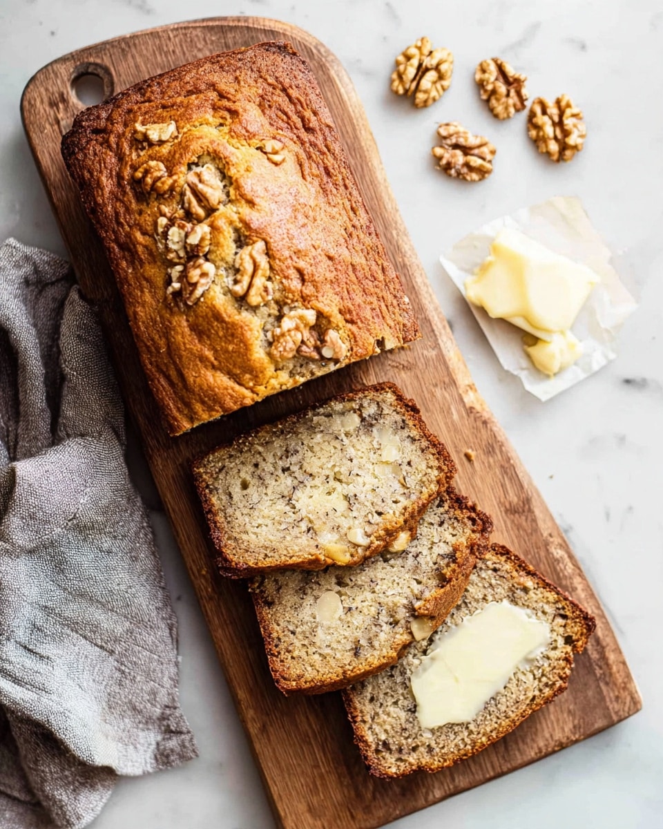 A loaf of banana nut bread with a golden brown, cracked top layered with visible walnut pieces rests on a wooden cutting board. Three slices lie in front of the loaf showing a soft, moist interior speckled with walnut bits; one slice has a layer of melted butter spread on it. Nearby on the white marbled surface, there are small walnut halves and a few pats of butter. A folded gray and white cloth is draped on the side of the board. photo taken with an iphone --ar 4:5 --v 7