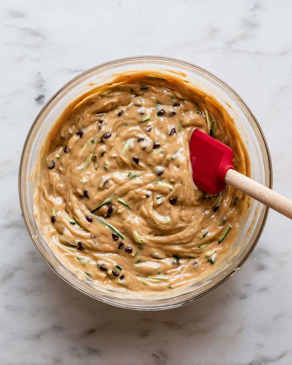 A clear glass bowl filled with thick light brown batter that has swirls and a slightly shiny, smooth texture. Mixed into the batter are small dark chocolate chips and thin green zucchini strips, giving spots of black and green throughout the light brown base. A red spatula with a wooden handle is partially dipped into the batter on the right side of the bowl. The bowl is placed on a white marbled surface. photo taken with an iphone --ar 4:5 --v 7