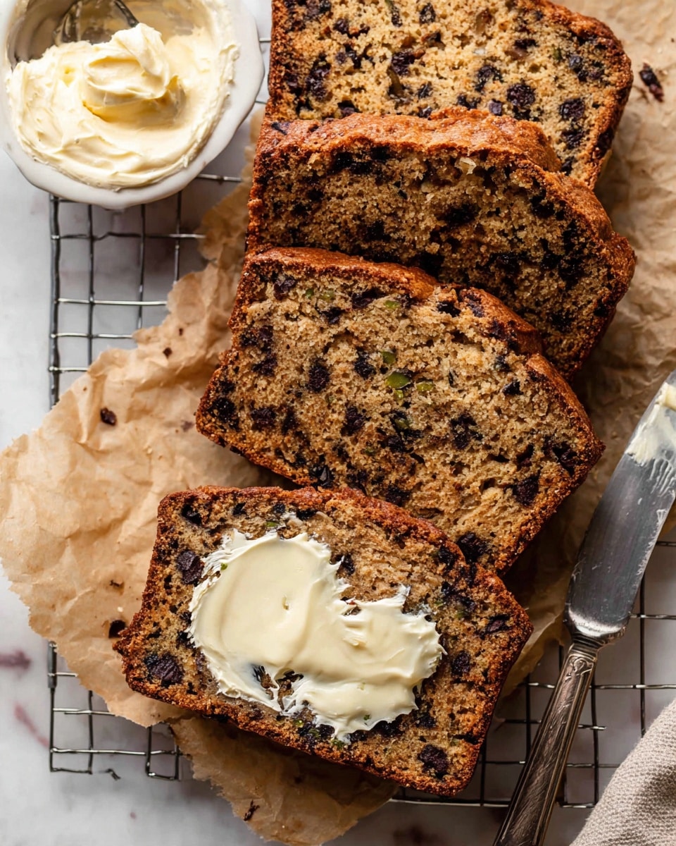 The image shows four thick slices of brown cake with dark chocolate chips spread inside, placed on brown parchment paper on a metal rack. One slice in the front has a creamy white spread melted on top, creating a soft texture contrast to the cake's crumbly surface. The cake has a speckled look from the chocolate chips and some green bits inside. Near the cake slices, a small white bowl holds more creamy spread with a knife resting on it. The setting is on a white marbled texture surface. Photo taken with an iphone --ar 4:5 --v 7