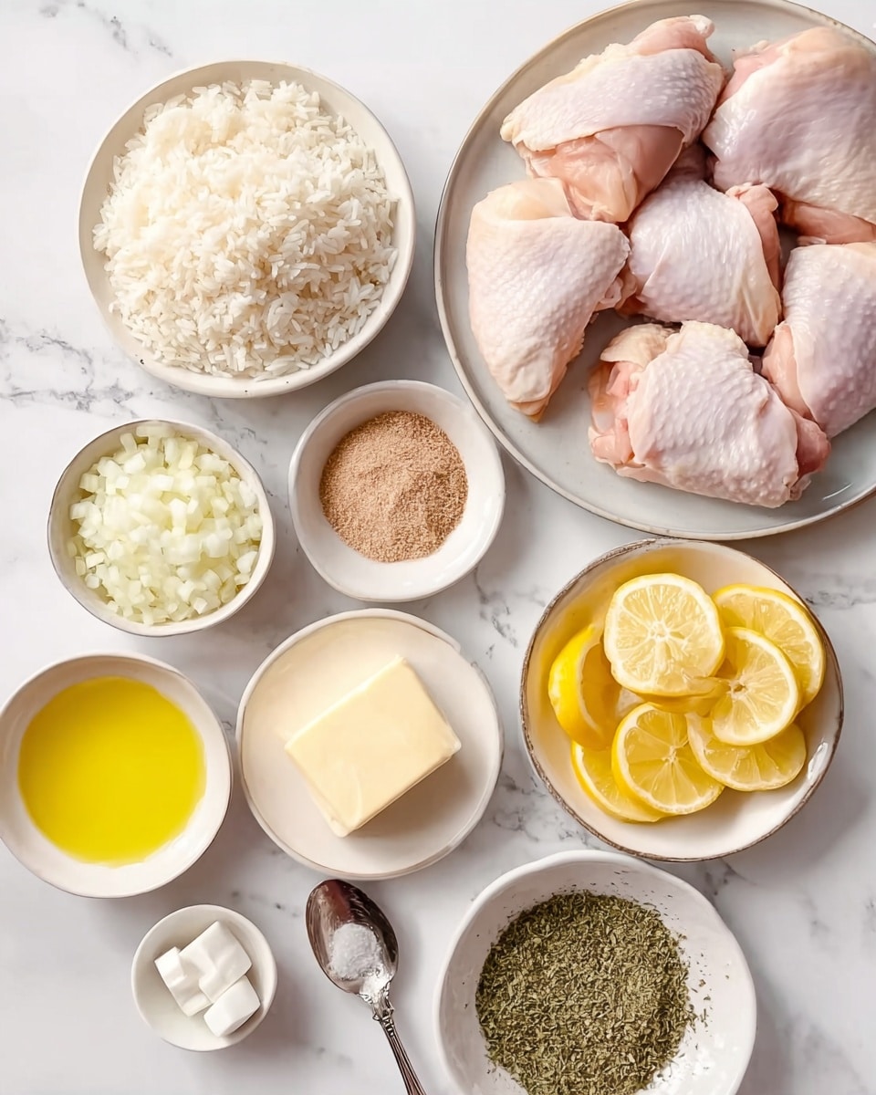The image shows a top view of several ingredients placed on a white marbled surface. On the top right, there are eight raw chicken thighs with pale pink and light yellow skin arranged on a white plate. To their left, a white bowl holds cooked white rice with a fluffy texture. Below the rice, chopped white onions fill another white bowl. In the center, a smaller white bowl contains a light brown powder spice. Below it, a thick, creamy pale yellow butter portion sits in a small white bowl. Adjacent to the butter on the left, a small white bowl is filled with golden yellow olive oil. At the bottom center, a metal spoon holds minced garlic. On the right side, a larger white plate holds three bright yellow lemon slices, small silver cubes of bouillon, and two piles of dried green herbs. The composition is clean and bright, with all bowls and plates placed neatly spaced. The photo taken with an iphone --ar 4:5 --v 7