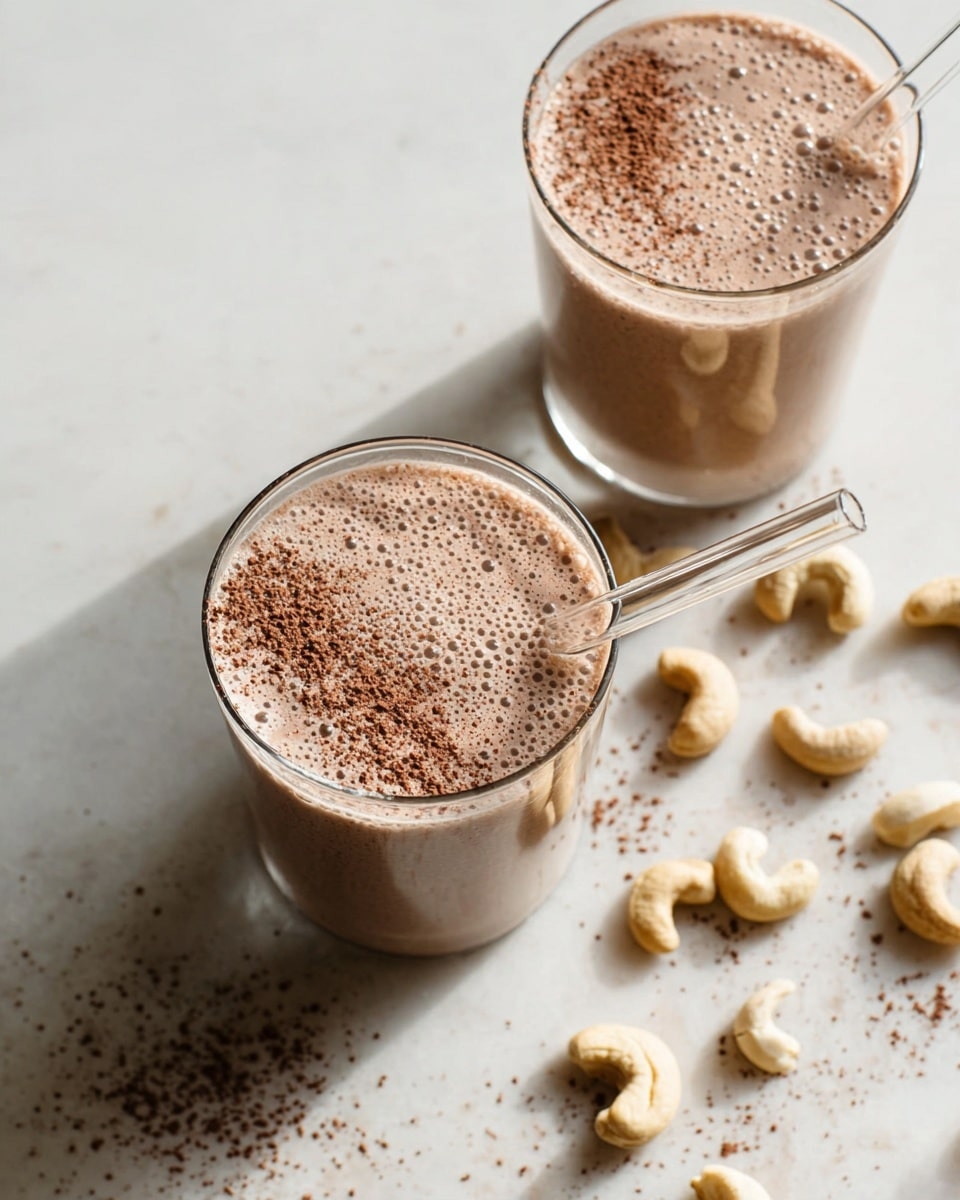 Two clear glasses are filled with a light brown smoothie that has small bubbles on the surface. Each glass has cocoa powder sprinkled on top, adding dark brown spots. Inside each glass is a transparent glass straw, angled slightly to the side. Scattered around the glasses on a white marbled surface are pale beige cashew nuts, some whole and some broken. The image has soft natural lighting casting faint shadows. Photo taken with an iphone --ar 4:5 --v 7