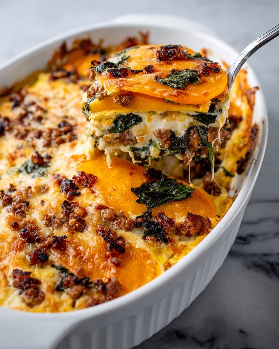 In a white oval baking dish, there is a layered casserole with visible four layers. The top layer is covered with melted light orange cheese and scattered dark brown bits with some wilted dark green leafy pieces on top. Beneath this thin cheese layer is a bright orange slice layer. Below that, there is a creamy white cheese layer mixed with cooked ground meat that is brown and crumbly, along with dark green leafy pieces. The bottom layer, visible at the edge, is again bright orange slices. A spoon is lifting a portion showing the distinct layers of cheese, meat, and vegetables. The dish sits on a white marbled surface. Photo taken with an iphone --ar 4:5 --v 7
