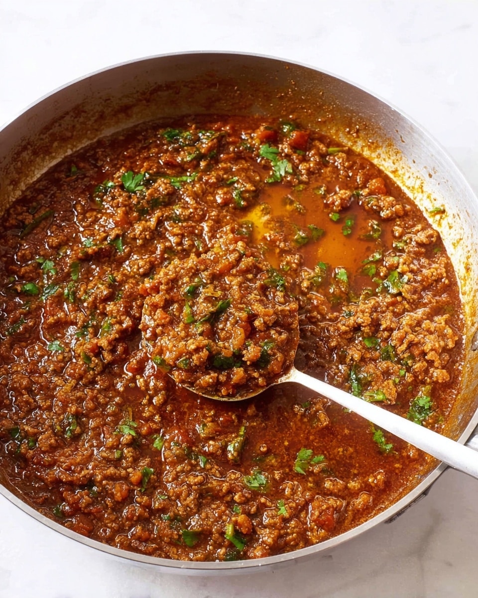 A large metal pan filled with a thick brown sauce mixed with ground meat and small bits of vegetables. The sauce has a shiny, oily surface with visible pieces of green herbs sprinkled on top. A silver spoon is partially dipped into the sauce, holding a scoop of the mixture, showing its chunky texture with minced meat and sauce clinging together. The pan rests on a white marbled surface. photo taken with an iphone --ar 4:5 --v 7