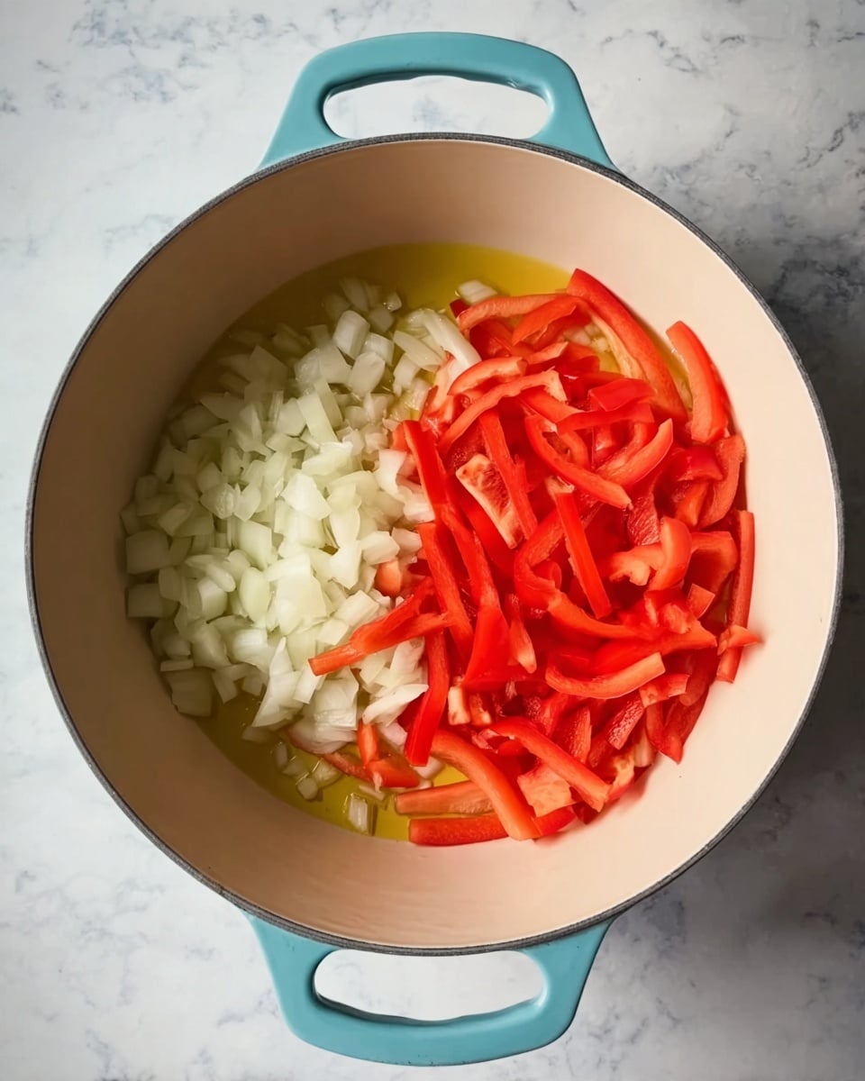 A light blue round pot with two handles sits on a white marbled surface. Inside the pot, there are two layers of chopped vegetables: on the left is a pile of small white onion pieces with a smooth texture, and on the right is a heap of bright red bell pepper strips with a shiny, slightly wet look. The vegetables rest on a thin layer of light yellow oil that covers the bottom of the pot. The photo is taken from above, showing the clean and fresh colors of the ingredients. photo taken with an iphone --ar 4:5 --v 7