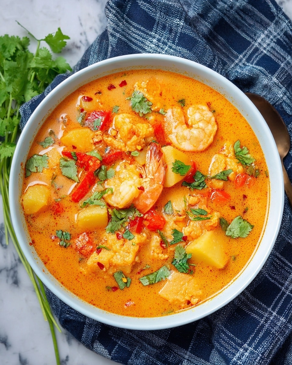 This image shows a deep white bowl filled with a thick soup containing many layers of ingredients. The base layer is a rich, orange broth with smooth texture. Floating in the broth are bright orange shrimp, beige-colored chunks of fish, and pale yellow potato pieces. There are also medium-sized pieces of red bell pepper mixed evenly throughout. Fresh green cilantro leaves and small bits of chili flakes are sprinkled on top, adding a fresh and spicy look. The bowl sits on a blue and gray checkered cloth over a white marbled surface, with extra cilantro sprigs nearby. photo taken with an iphone --ar 4:5 --v 7