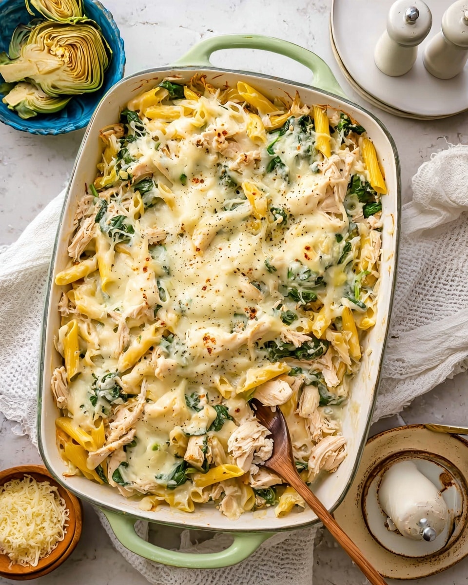 A white rectangular baking dish with a pale green handle holds a three-layer pasta bake. The bottom layer is yellow penne pasta mixed with green spinach leaves, scattered throughout. The middle layer is shredded white chicken meat mixed evenly with the pasta and spinach. The top layer is melted white cheese with some browned spots and a light sprinkle of black pepper on the surface. A wooden spoon rests on the right side of the dish, partially covered by the cheesy pasta. The baking dish sits on a white marbled surface with a white cloth on the lower left, a small blue bowl with artichoke hearts on the top left, a small bowl with finely grated cheese above that, and a white plate with a brown edge on the right side. A white salt and pepper shaker set is partially visible on the bottom right. Photo taken with an iphone --ar 4:5 --v 7