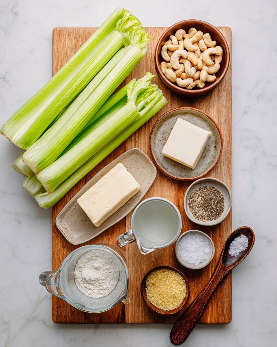 A wooden cutting board sits on a white marbled surface with several fresh pale green celery stalks on the left, their leafy tops out of frame. To the right of the celery are small bowls arranged in a neat group: a brown bowl on top filled with light beige cashews, below it a matching brown plate with a thick rectangular block of butter, next to it a clear glass measuring cup with a wooden handle holding water, and below those, a pale grey bowl with white flour, a smaller light beige bowl with black and white pepper, and another small bowl filled with golden powdery flakes. A dark wooden spoon holding coarse white salt lies alongside near the bottom right corner of the board. Everything is clean and well organized. Photo taken with an iphone --ar 4:5 --v 7