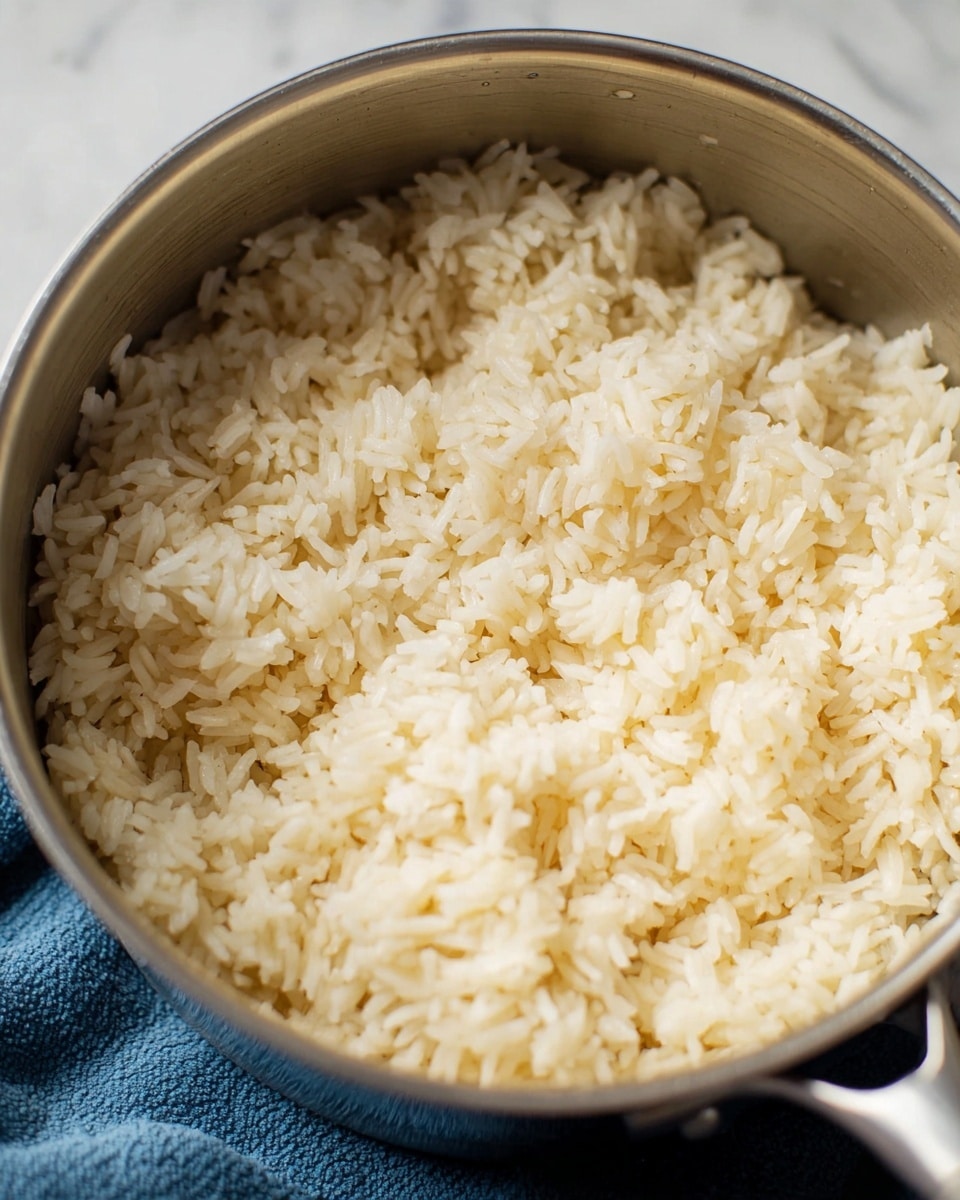A close-up view of a silver pot filled with soft cooked rice showing a creamy texture with visible separated grains of white rice. The pot is placed on a white marbled surface with a hint of a blue cloth underneath the pot's handle. The rice looks fluffy and moist, filling the pot evenly without any other visible ingredients or garnishes. photo taken with an iphone --ar 4:5 --v 7