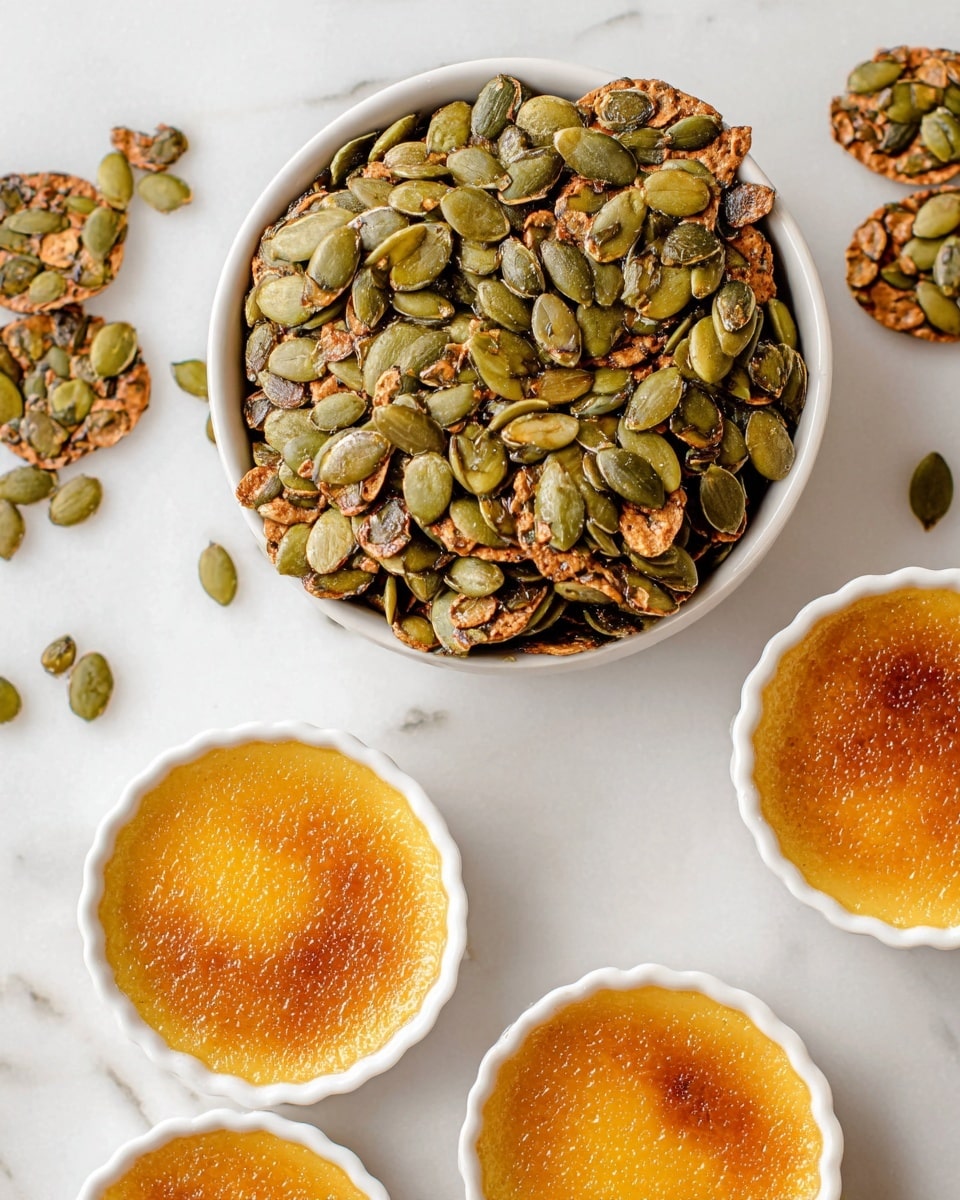 The image shows a top view of a white bowl filled with multiple round, thin crackers made of green and brown pumpkin seeds, slightly shiny and clustered closely together, sitting on a white marbled surface. Scattered around the bowl are a few individual seed crackers. To the right and below the bowl are five small white ramekins filled with smooth, golden caramelized creme brûlée with a slightly browned top layer, arranged randomly across the background. photo taken with an iphone --ar 4:5 --v 7
