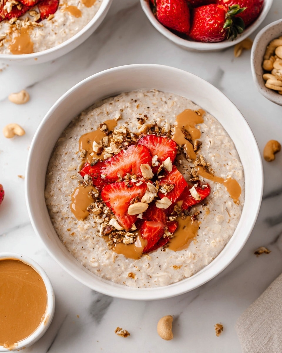 A white bowl filled with a creamy, light beige oatmeal base topped with a central layer of bright red sliced strawberries, sprinkled with chunky granola pieces showing oats and seeds, all drizzled with smooth, light brown peanut butter. Around the bowl, there are some scattered bits of strawberries and cashew nuts, with another bowl of sliced strawberries and a small bowl of peanut butter visible nearby on a white marbled surface. photo taken with an iphone --ar 4:5 --v 7