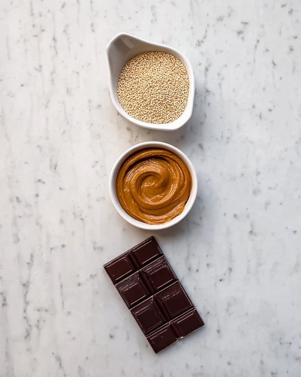 The image shows three layers placed vertically on a white marbled surface. At the top is a small white ceramic dish with a pointed edge, filled with sesame seeds that are light tan and finely textured. Below it is a white bowl filled with smooth, creamy peanut butter in a rich brown color, swirled on top. The last layer is a block of dark chocolate with a shiny, smooth surface, divided into neat rectangular sections, dark brown in color. photo taken with an iphone --ar 4:5 --v 7