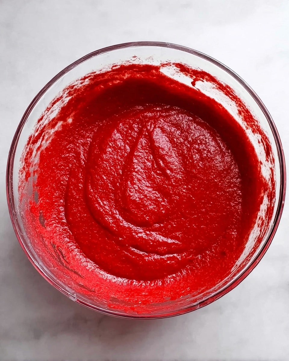 A clear glass bowl filled with thick, bright red batter that has a smooth, slightly lumpy texture. The bowl rests on a white marbled surface with some batter splashed on the sides near the rim, showing an active mixing process. The batter is evenly colored and glossy, covering the bottom and swirling up the sides of the bowl, giving a rich, vibrant look. Photo taken with an iphone --ar 4:5 --v 7