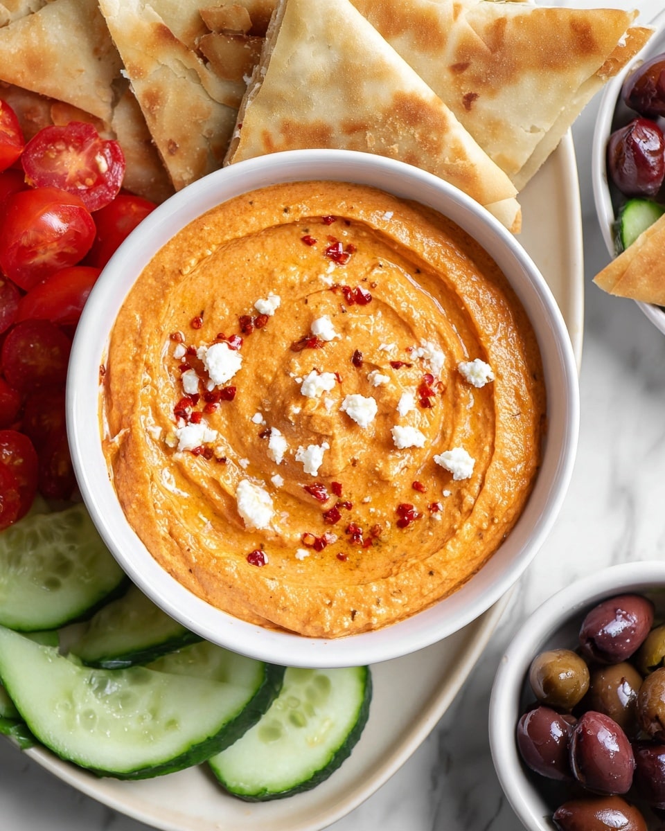A round white bowl holds a smooth, thick orange dip with a swirled texture, topped with small white cheese crumbles and red pepper flakes scattered over the surface. Surrounding the bowl are light golden pita bread triangles with slightly browned spots, crispy triangular golden phyllo pastries, fresh green cucumber slices with soft edges, and red grape tomatoes, some whole and one sliced in half revealing seeds. In the corner, there is a small white bowl containing dark and light brown olives. Everything is arranged on a white marbled surface. Photo taken with an iphone --ar 4:5 --v 7