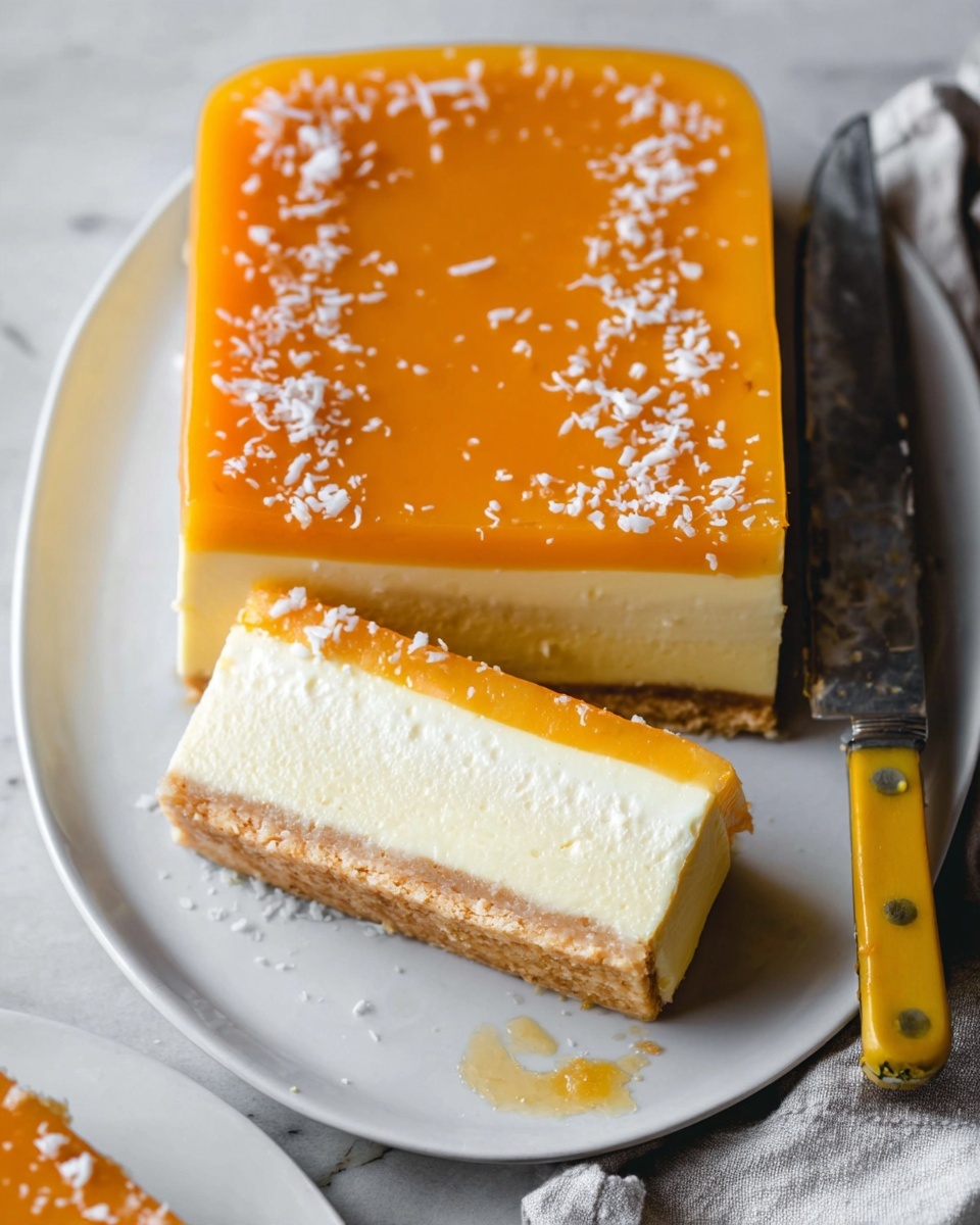 The image shows a dessert with three visible layers on a white plate placed on a white marbled surface. The top layer is a smooth, bright orange glaze sprinkled evenly with small white coconut flakes. Below this is a thick, creamy, pale yellow middle layer with a smooth texture. The bottom layer is a thin golden-brown crust. One slice is cut and placed on the plate next to the main piece, showing the layers clearly from the side. A silver knife with a yellow handle rests beside the dessert on the plate with some glaze on the blade. Photo taken with an iphone --ar 4:5 --v 7