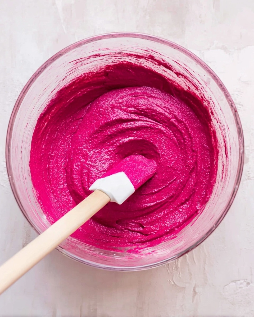 A clear glass bowl filled with thick, bright magenta batter, smooth in texture with some swirls and ridges visible on the surface. A white spatula with a wooden handle is resting inside the bowl, partially covered in the colorful batter as if being stirred. The bowl is placed on a white marbled surface, with some batter streaks visible on the inside walls of the bowl. The scene is softly lit and simple, focusing closely on the vibrant mixture. Photo taken with an iphone --ar 4:5 --v 7