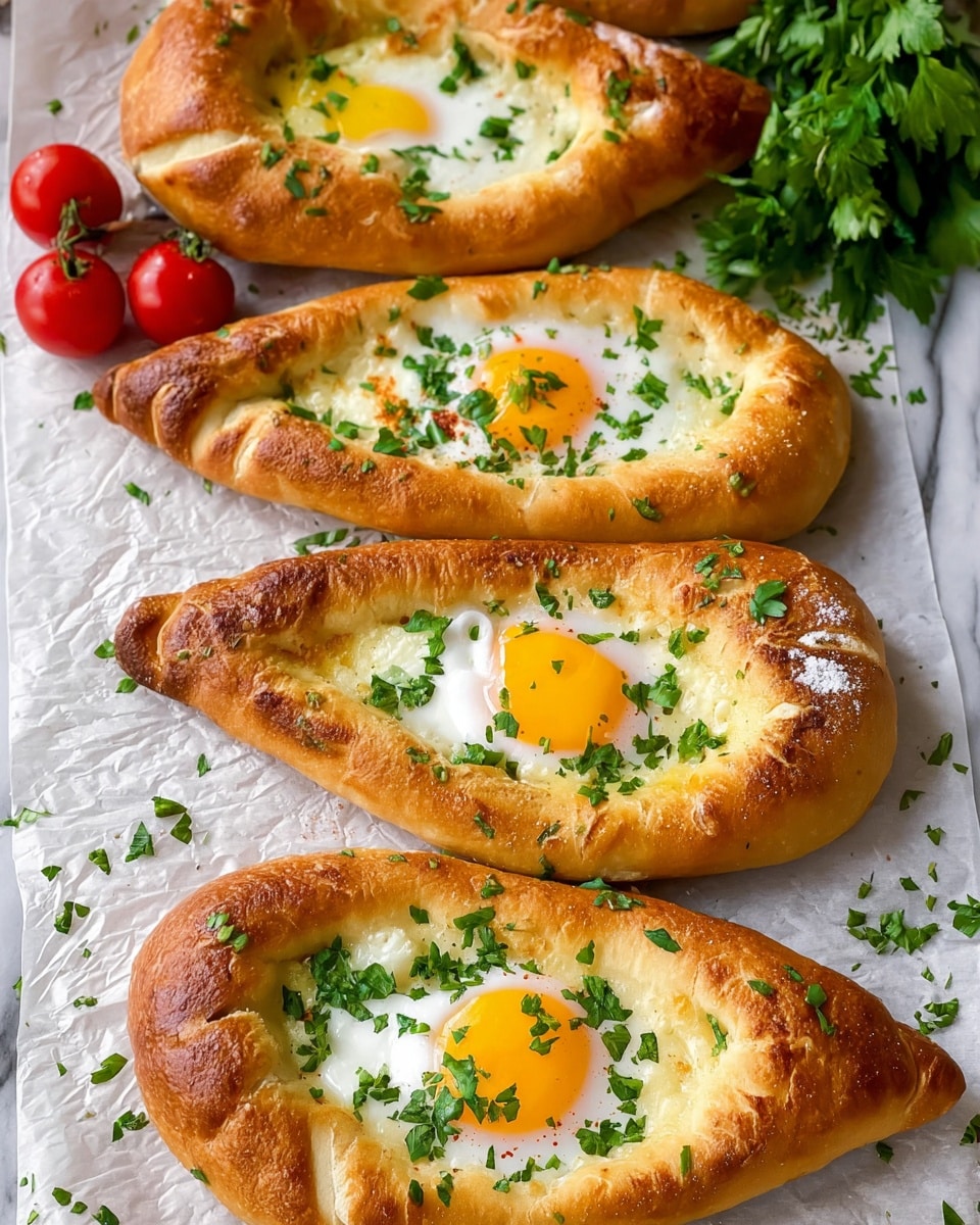 The image shows four oval-shaped baked breads each with one cooked egg in the center, with bright yellow yolks surrounded by white egg whites. The breads have a golden-brown crust with a slightly shiny, soft texture. Green chopped herbs are sprinkled on top of the eggs and around the breads, adding a fresh touch. The breads are placed on white parchment paper with a white marbled background visible above, where red cherry tomatoes and fresh green herbs rest. The overall look is warm and inviting. photo taken with an iphone --ar 4:5 --v 7