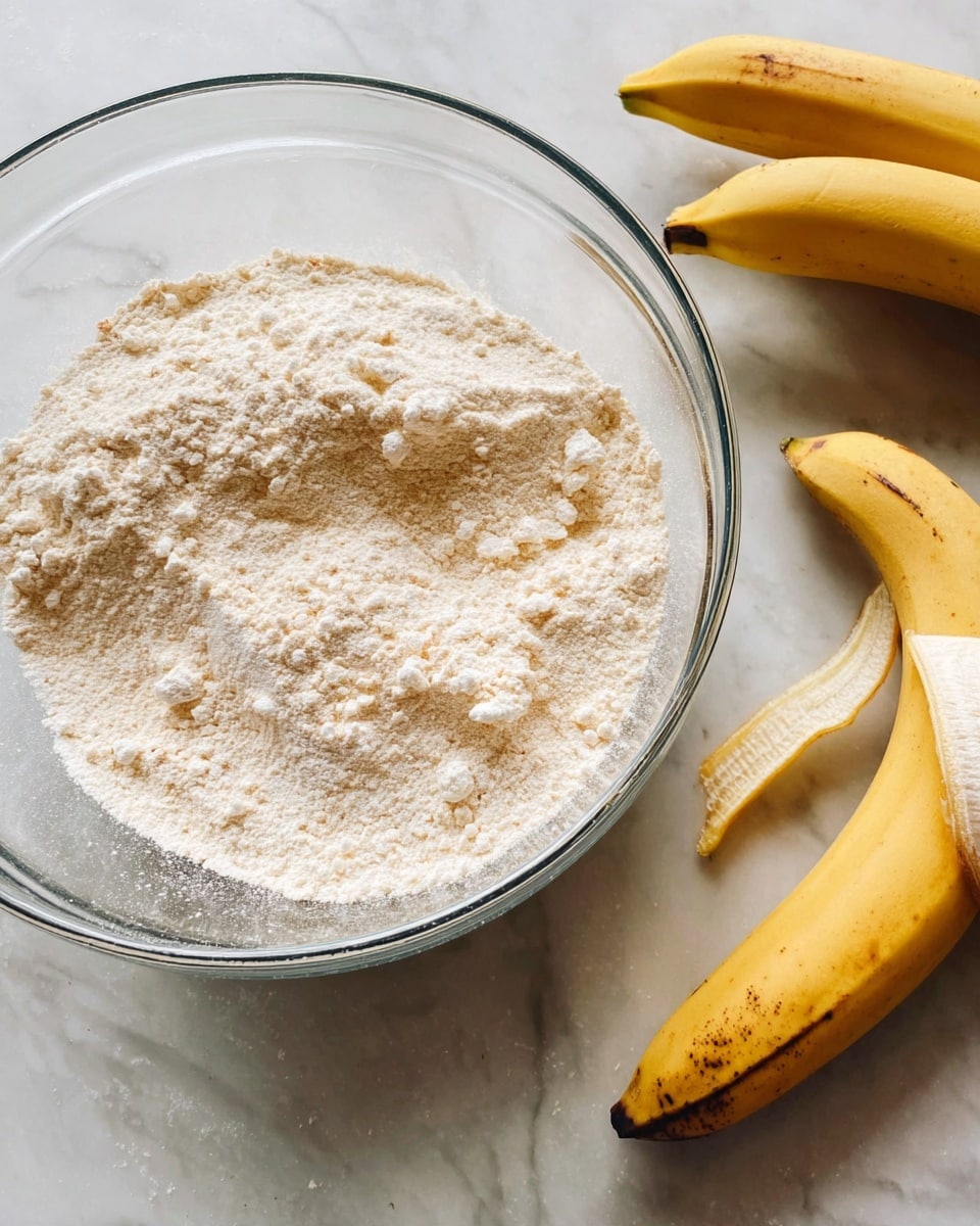 A clear glass bowl filled with light beige flour texture, with small clumps visible on top, sits on a white marbled surface. To the right of the bowl, there are two ripe yellow bananas with some black spots, and an open banana peel showing the creamy inside. The scene captures a simple baking preparation moment. photo taken with an iphone --ar 4:5 --v 7